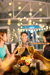  A group of beautiful girls at a company party, drinking, celebrating New Year, club party with friends.