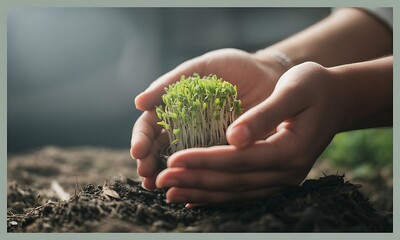 Hands gently holding green seedlings in soil, ideal for illustrating sustainable agriculture, environmental care, and growth concepts in eco-friendly projects