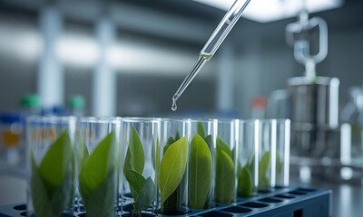 Close-up of laboratory pipette dropping liquid onto green leaves in test tubes, ideal for illustrating biotechnology research and sustainable plant-based innovation