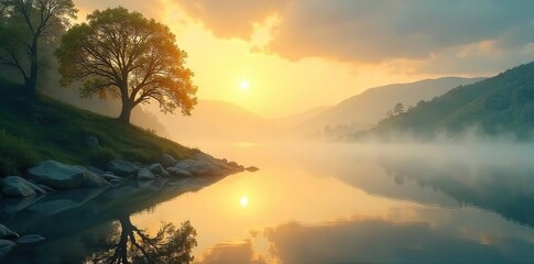 Golden Sunlight Bathes Serene Landscape Ethereal Mist Swirls Gently Over Tranquil Waters, Reflecting a Peaceful Sky - Perfect for Meditation and Mindfulness