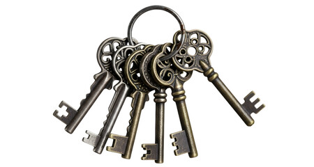 Bunch of Antique Brass Skeleton Keys on Ring Isolated on White