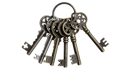 Bunch of Antique Brass Skeleton Keys on Ring Isolated on White