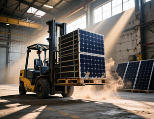 Forklift moving stacked solar panels in warehouse.