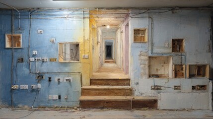Abstract Hallway with Exposed Wiring and Broken Elements in a rundown Structure