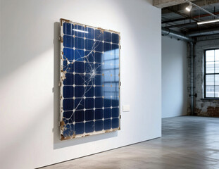 Damaged solar panel mounted on gallery wall with cracked glass.
