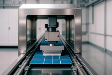 Solar cell lamination press on conveyor in clean manufacturing line.