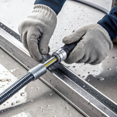 Worker attaching threaded sleeve to steel rebar on wet surface.