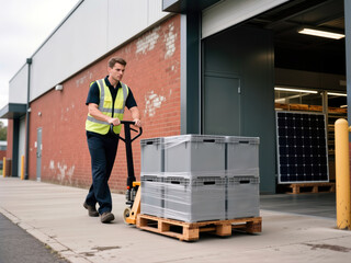 Warehouse staff moving stacked crates on pallet jack outside loading bay.