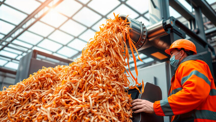 Factory operator monitoring rubber shred output from industrial machine.