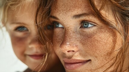 Close-up Portrait of a Mother and Daughter Emphasizing the Mother's Freckles