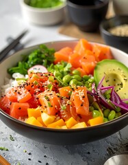 Vibrant poke bowl with rice, salmon, and tropical fruit