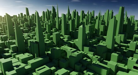 ​A 3D-rendered cityscape dominated by vibrant green skyscrapers and buildings under a bright sky, suggesting a sustainable or futuristic green metropolis