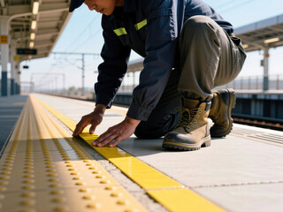 Rail worker aligning tactile warning strip on train platform edge.