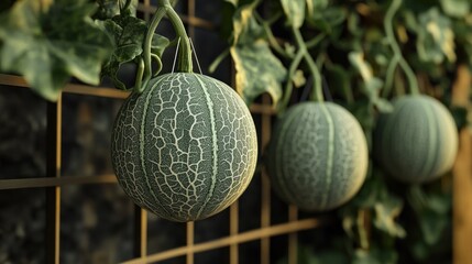 Cantaloupe Vines in a Garden Setting, Growing Melons on a Metal Fence