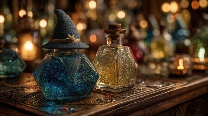 Sparkling potions and mystic elixirs casting enchanting glow for magical realms