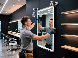 Technician installing illuminated mirror on salon wall.