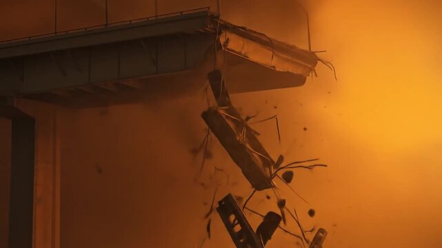 Dramatic scene of a collapsed bridge with debris and smoke