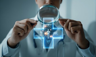 Doctor holding magnifying glass over glowing medical cross with healthcare icons, ideal for illustrating medical innovation and digital health technology concepts