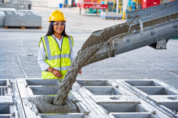 Construction worker monitoring concrete pour into metal molds.