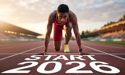 Sprinter in starting position on track with bold 2026 text, ideal for promoting sports events, athletic goals, and motivational new year campaigns
