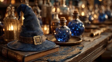 Mystical witch's hat on ancient book amidst glowing potions in a magical setting