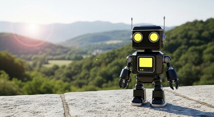 Cute robot explores scenic countryside on sunny day