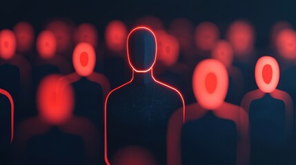 Red Neon Figures in Dark Scene with Faceless Silhouettes