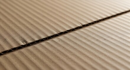 ​A close-up, diagonal view of a sheet of corrugated cardboard, highlighting the texture of the fluting and the seam where two panels meet