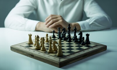 Close-up of chessboard with strategic game setup and player in white shirt, ideal for illustrating strategy, competition, and critical thinking concepts
