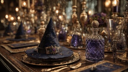Enchanting banquet hall with witch hats and magical elixir bottles