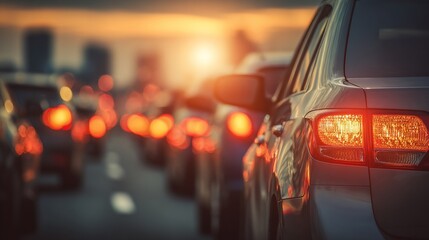 Evening commute showing heavy traffic congestion during sunset in an urban area