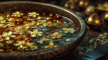 Floral arrangement in bowl with serene water and decorative artifacts