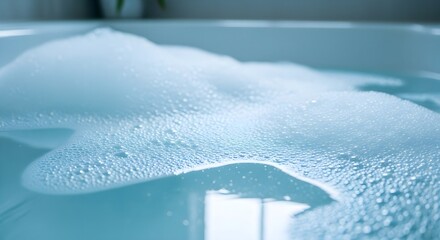 Close-up of light blue water with white foam or bubbles in a bathtub, creating a serene, clean, and relaxing atmosphere