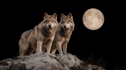 Mystical wolves beneath the lunar glow, nature's majestic guardians on watch