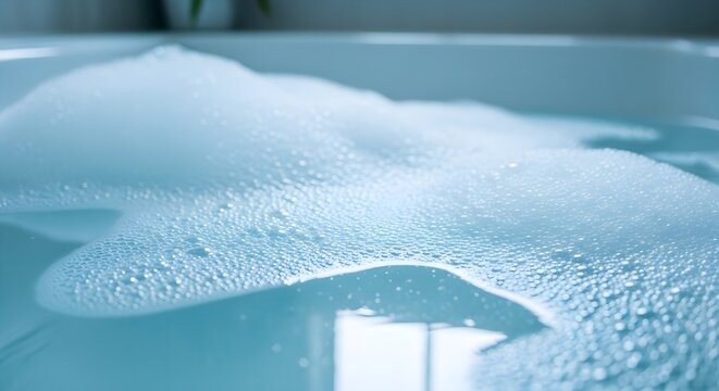 Close-up of light blue water with white foam or bubbles in a bathtub, creating a serene, clean, and relaxing atmosphere
