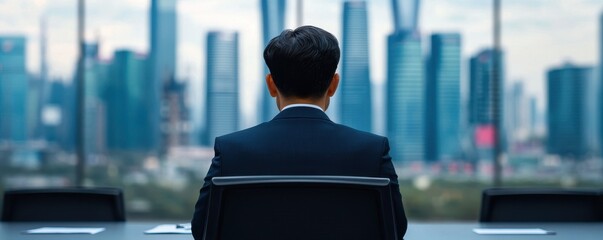 Businessman in Suit Overlooking City Skyline from Office