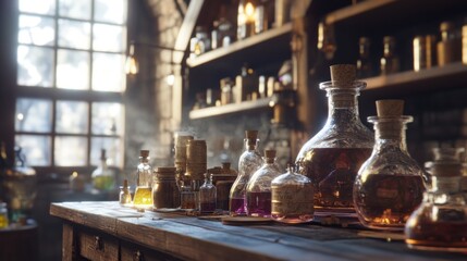 Mysterious Alchemist's Laboratory with Vials and Jars Filled with Potions