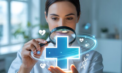 Medical professional with stethoscope examining digital holographic health cross, ideal for illustrating modern healthcare technology and medical innovation concepts