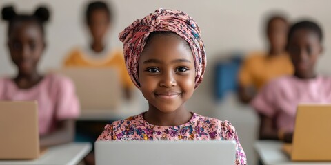 Happy African Girl Smiling at Computer in Classroom Setting