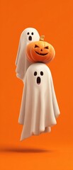 Whimsy and wraiths: a playful halloween dreamscape. Commercial image. Rich scene: whimsical pumpkin paired with dynamic ghosts in bright hues. High resolution. Advertising photo.