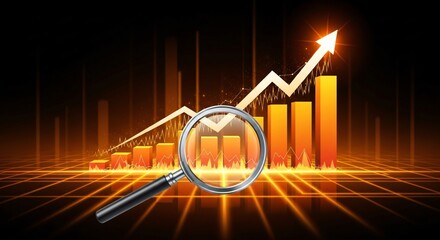 Analyze business growth with a magnifying glass over rising charts