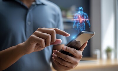 Person using smartphone with holographic human body and heartbeat data, ideal for illustrating mobile health monitoring and digital medical technology