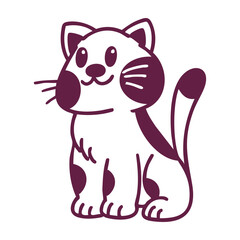 Cute cartoon cat with white fur and purple spots sitting and smiling.