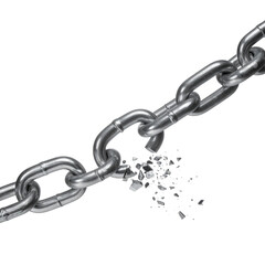 A close-up of a shiny metal chain, one link shattering into pieces against black