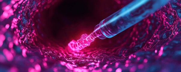 Colorful Syringe Injecting Fluid Inside a Dark Cave