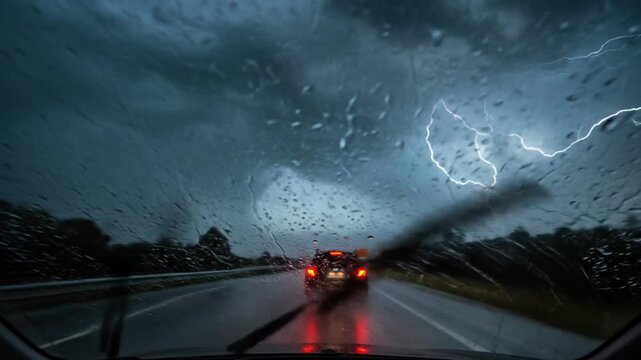 Driving in a storm lightning flashes over a highway at night