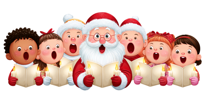 Cheerful Santa Claus with diverse children singing Christmas carols by candlelight, spreading holiday cheer and festive spirit in a heartwarming illustration