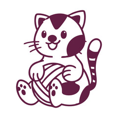 A charming cartoon illustration of a happy spotted cat sitting and playing with a ball of yarn.