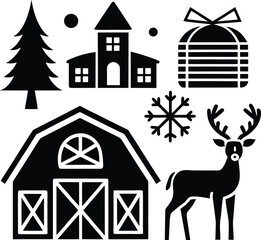 Farm house and barn silhouette vector icon illustration design with a horse on the landscape drawing