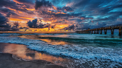 Colorful sunset over a pier with crashing waves on a beach in Florida